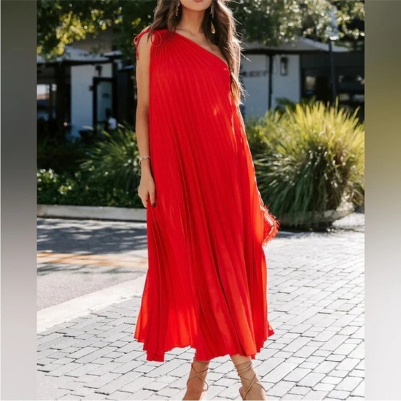 Free People Chelsea Pleated Gown one shoulder red shiny flowy dress size large - Picture 11 of 11